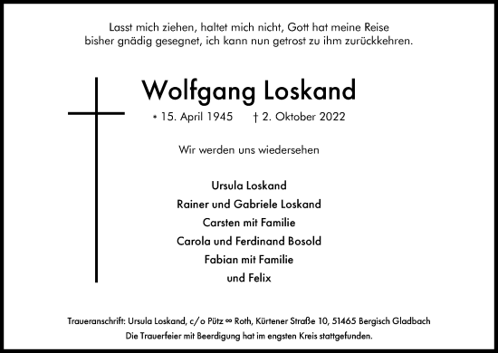 Anzeige von Wolfgang Loskand von Kölner Stadt-Anzeiger / Kölnische Rundschau / Express