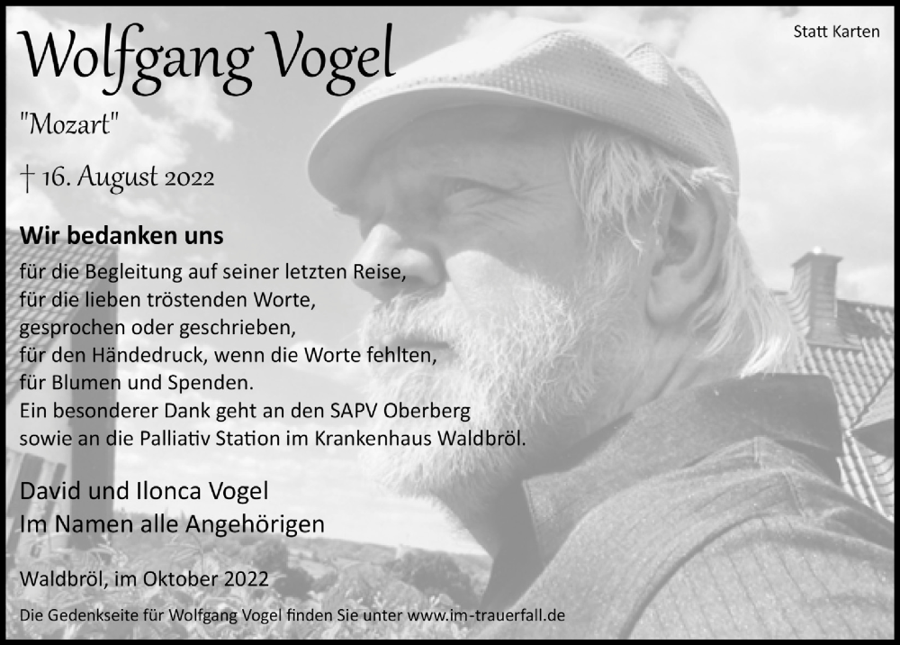  Traueranzeige für Wolfgang Vogel vom 21.10.2022 aus  Lokalanzeiger 