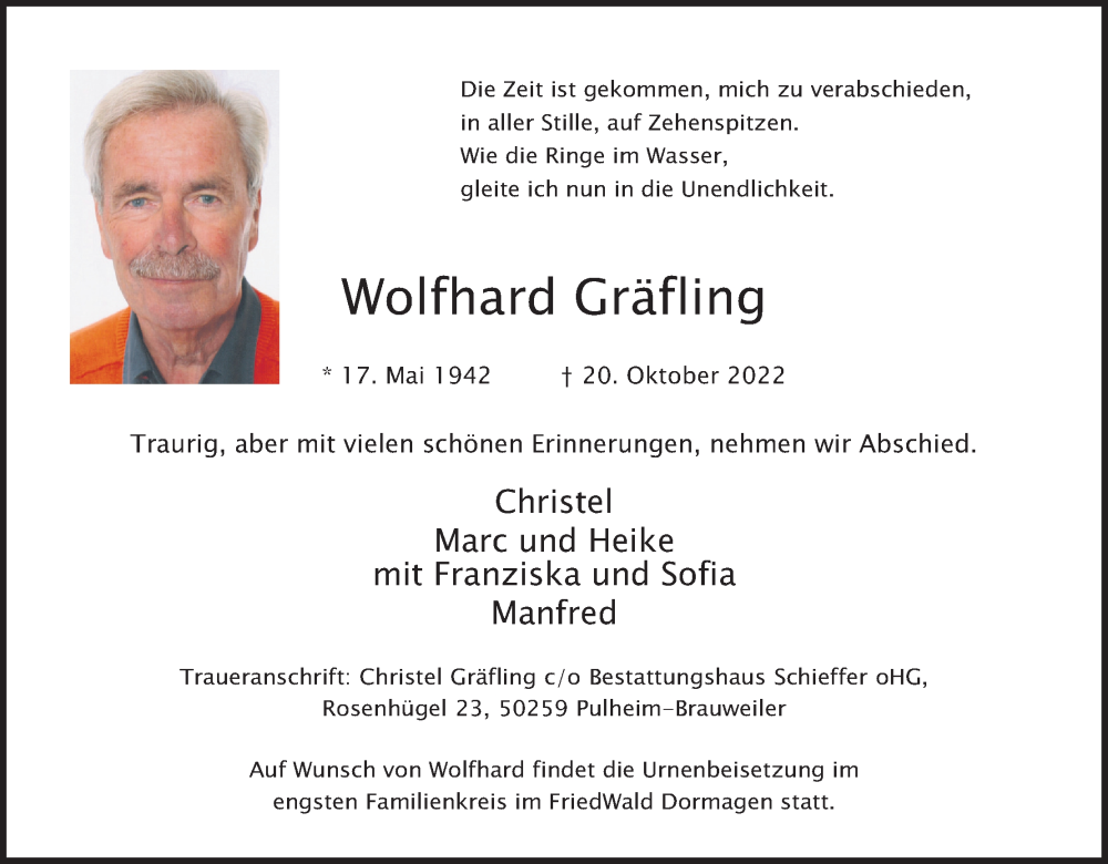  Traueranzeige für Wolfhard Gräfling vom 29.10.2022 aus Kölner Stadt-Anzeiger / Kölnische Rundschau / Express