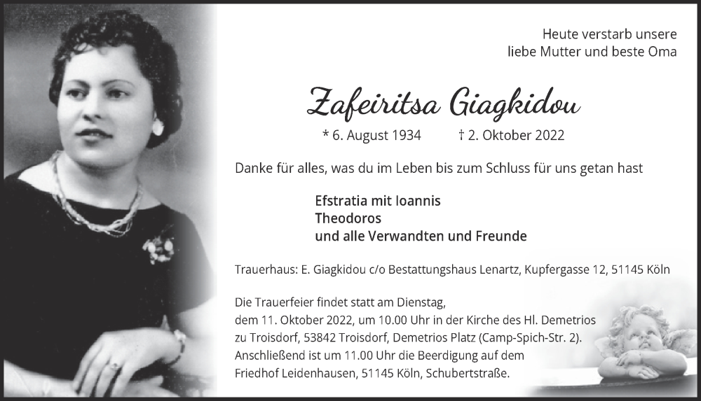  Traueranzeige für Zafeiritsa Giakidou vom 07.10.2022 aus  EXPRESS - Die Woche 