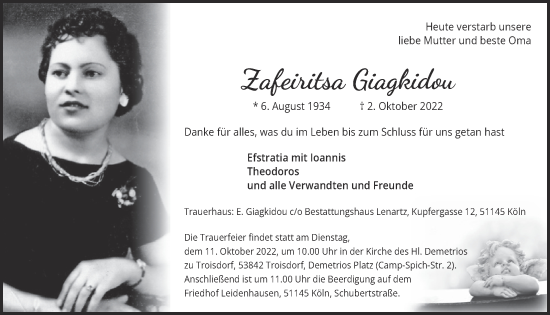 Anzeige von Zafeiritsa Giakidou von  EXPRESS - Die Woche 