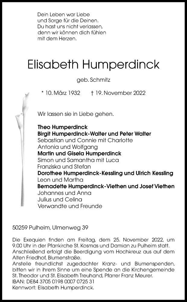  Traueranzeige für Elisabeth Humperdinck vom 22.11.2022 aus Kölner Stadt-Anzeiger / Kölnische Rundschau / Express
