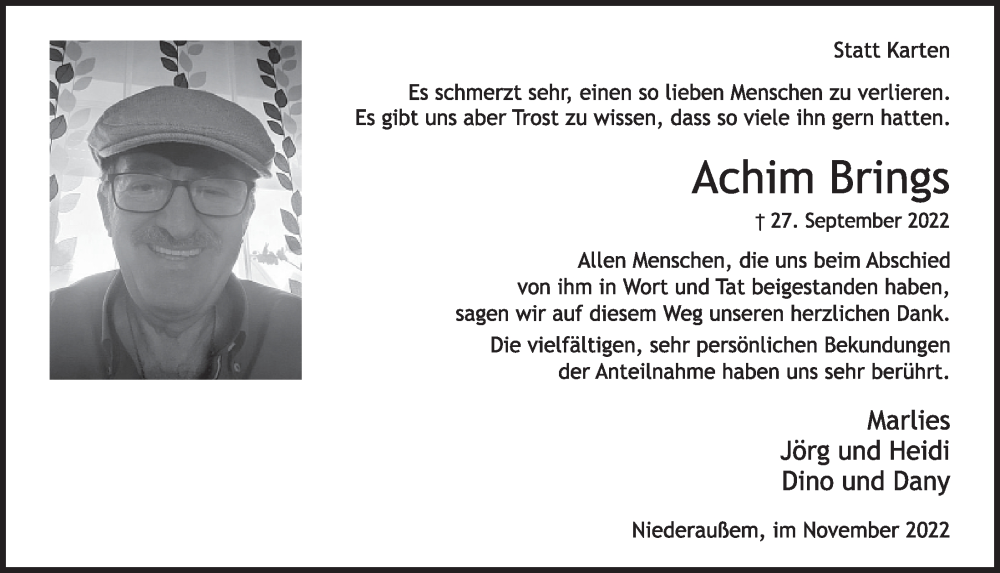  Traueranzeige für Achim Brings vom 04.11.2022 aus  Werbepost 