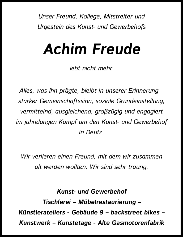  Traueranzeige für Achim Freude vom 19.11.2022 aus Kölner Stadt-Anzeiger / Kölnische Rundschau / Express