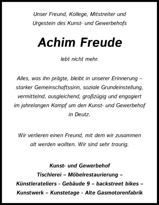 Anzeige von Achim Freude von Kölner Stadt-Anzeiger / Kölnische Rundschau / Express
