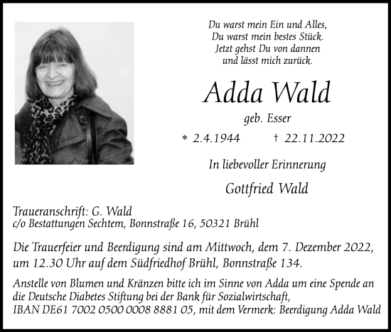 Anzeige von Adda Wald von Kölner Stadt-Anzeiger / Kölnische Rundschau / Express