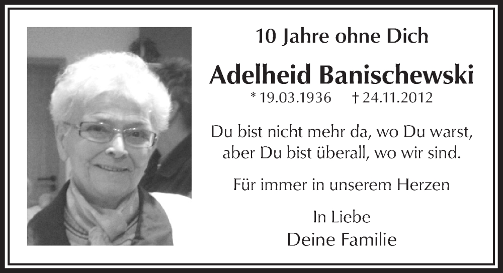  Traueranzeige für Adelheid Banischewski vom 25.11.2022 aus  Bergisches Handelsblatt 