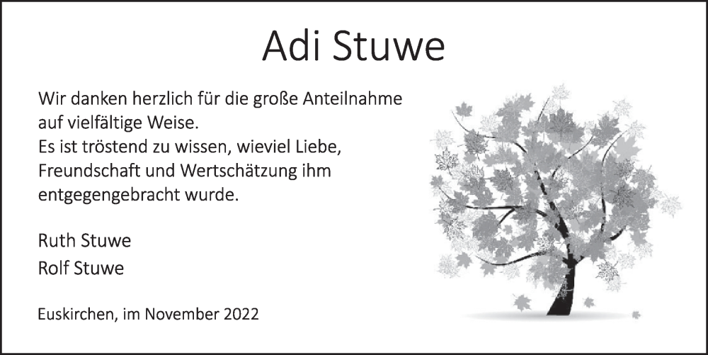 Traueranzeige für Adi Stuwe vom 04.11.2022 aus  Werbepost 