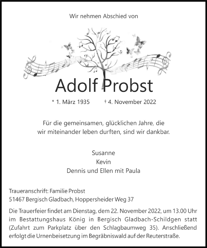  Traueranzeige für Adolf Probst vom 18.11.2022 aus  Bergisches Handelsblatt 