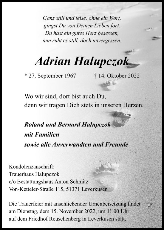 Anzeige von Adrian Halupczok von Kölner Stadt-Anzeiger / Kölnische Rundschau / Express
