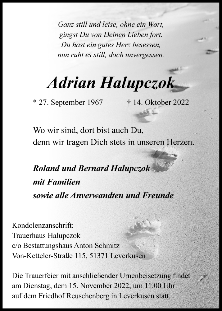  Traueranzeige für Adrian Halupczok vom 05.11.2022 aus Kölner Stadt-Anzeiger / Kölnische Rundschau / Express