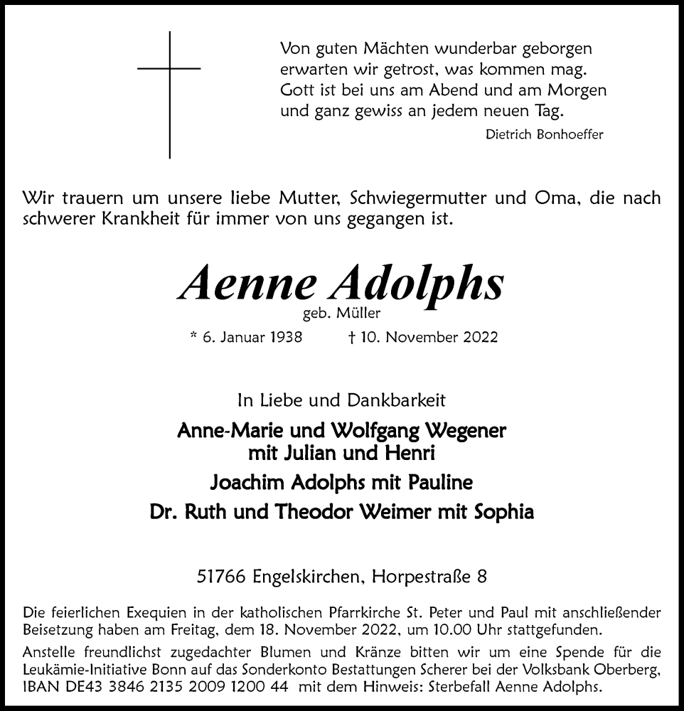  Traueranzeige für Aenne Adolphs vom 18.11.2022 aus  Anzeigen Echo 