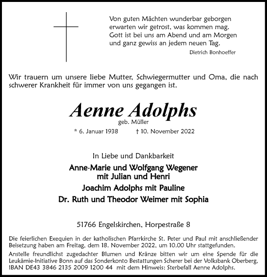 Anzeige von Aenne Adolphs von  Anzeigen Echo 