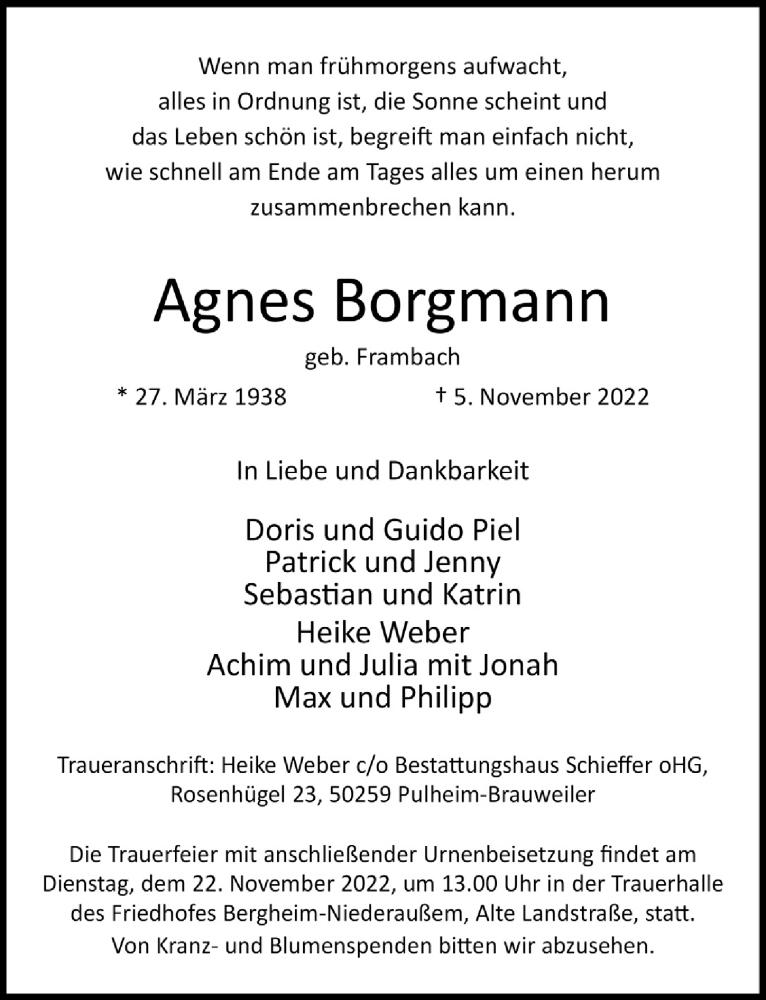  Traueranzeige für Agnes Borgmann vom 18.11.2022 aus  Werbepost 