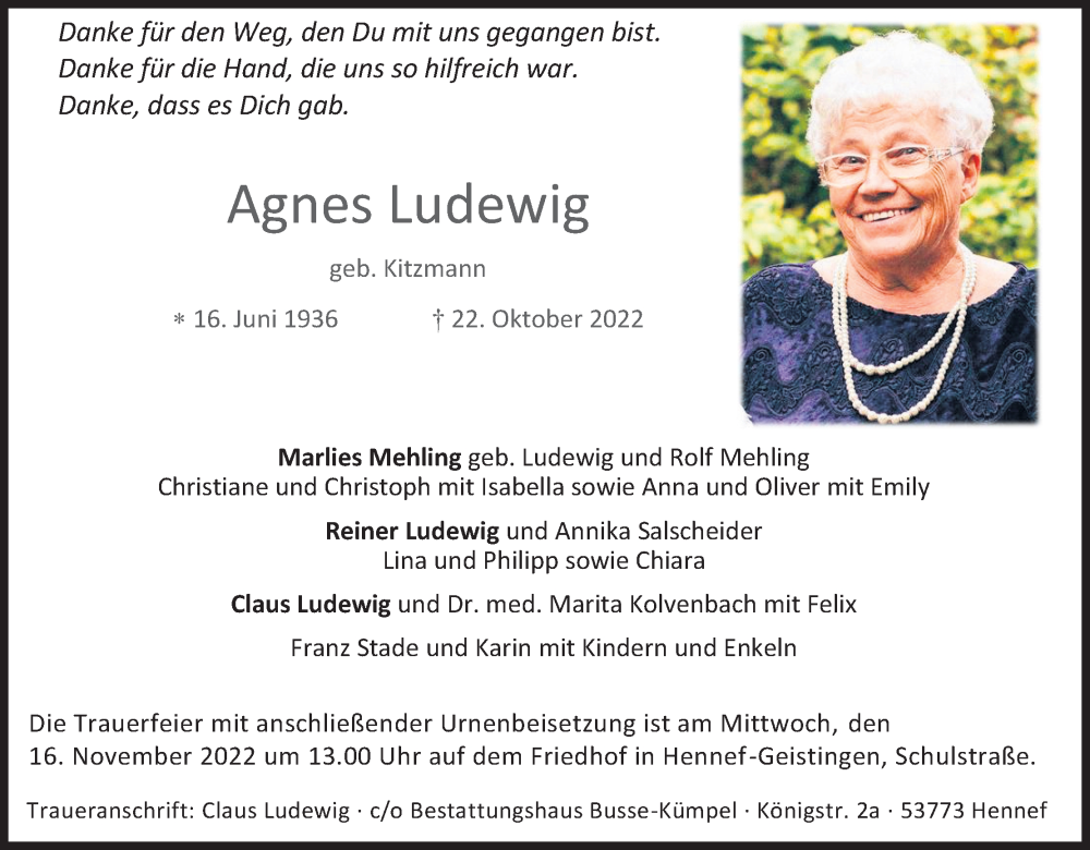  Traueranzeige für Agnes Ludewig vom 05.11.2022 aus Kölner Stadt-Anzeiger / Kölnische Rundschau / Express