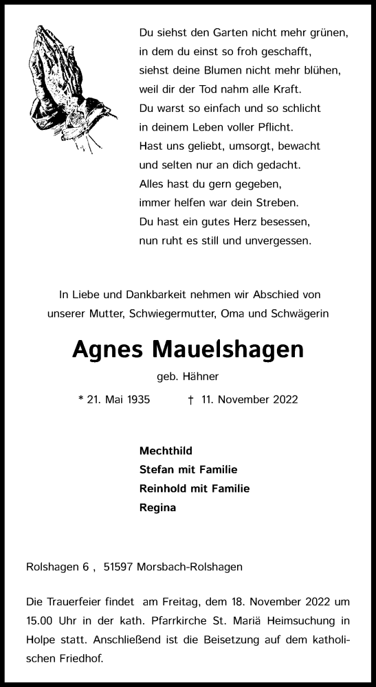  Traueranzeige für Agnes Mauelshagen vom 16.11.2022 aus Kölner Stadt-Anzeiger / Kölnische Rundschau / Express