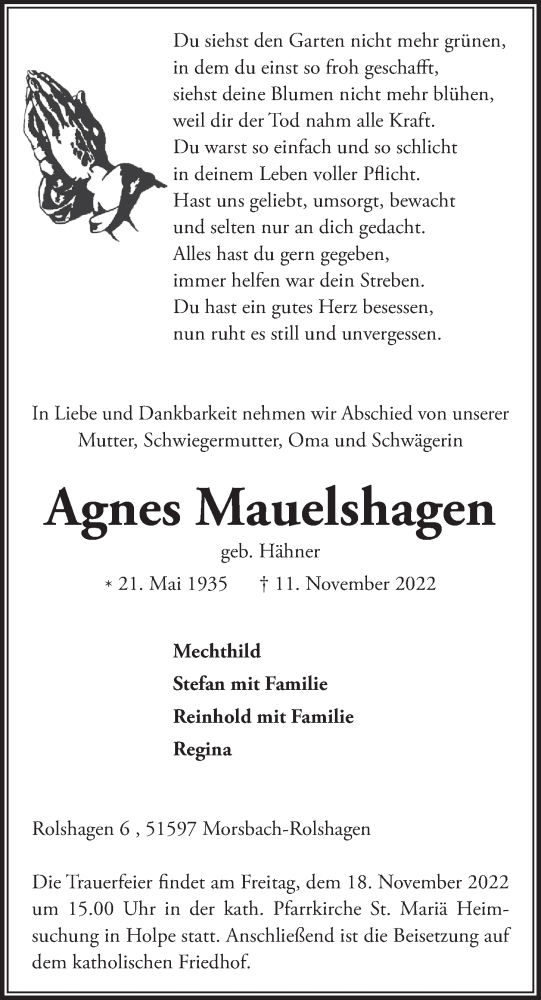  Traueranzeige für Agnes Mauelshagen vom 18.11.2022 aus  Anzeigen Echo 