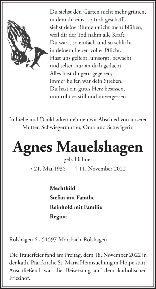  Traueranzeige für Agnes Mauelshagen vom 25.11.2022 aus  Lokalanzeiger 