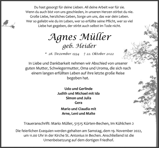 Anzeige von Agnes Müller von  Bergisches Handelsblatt 