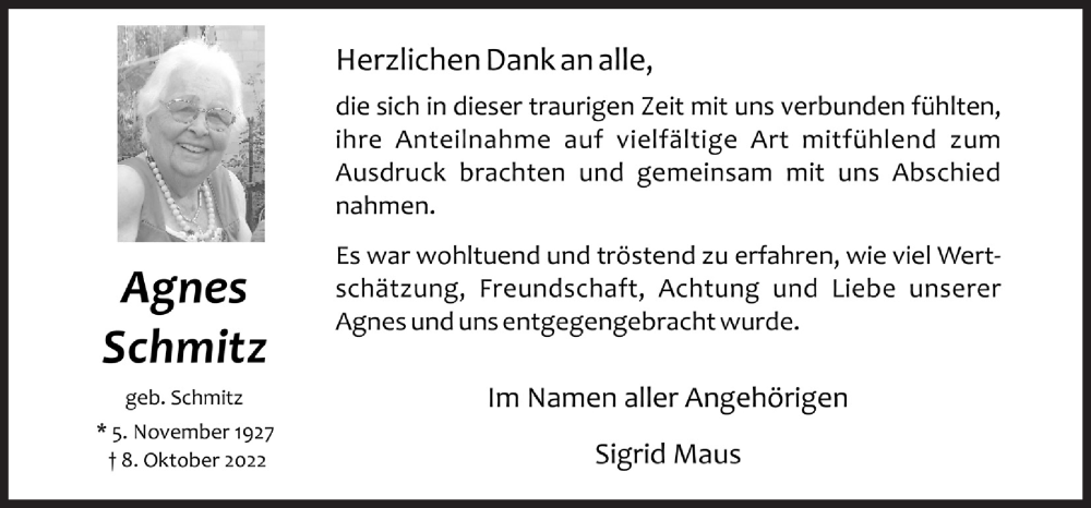  Traueranzeige für Agnes Schmitz vom 04.11.2022 aus  Schaufenster/Blickpunkt 