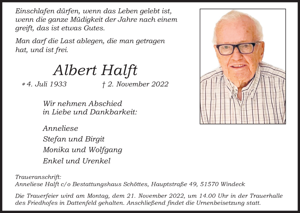  Traueranzeige für Albert Halft vom 19.11.2022 aus Kölner Stadt-Anzeiger / Kölnische Rundschau / Express