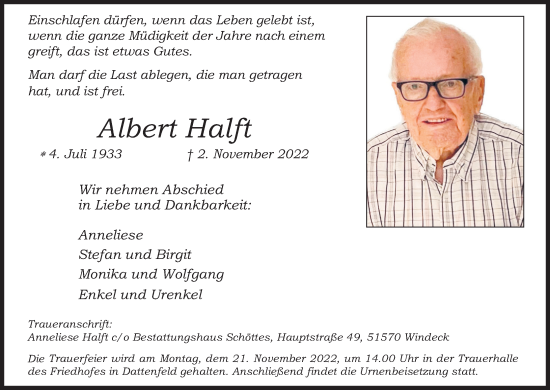 Anzeige von Albert Halft von Kölner Stadt-Anzeiger / Kölnische Rundschau / Express