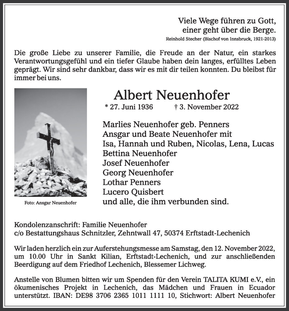  Traueranzeige für Albert Neuenhofer vom 11.11.2022 aus  Werbepost 