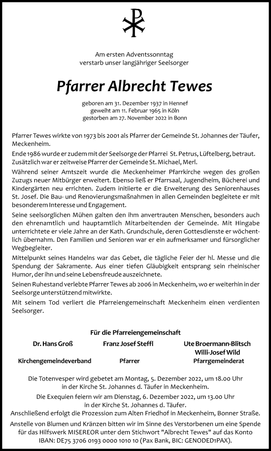 Anzeige von Albrecht Tewes von Kölner Stadt-Anzeiger / Kölnische Rundschau / Express