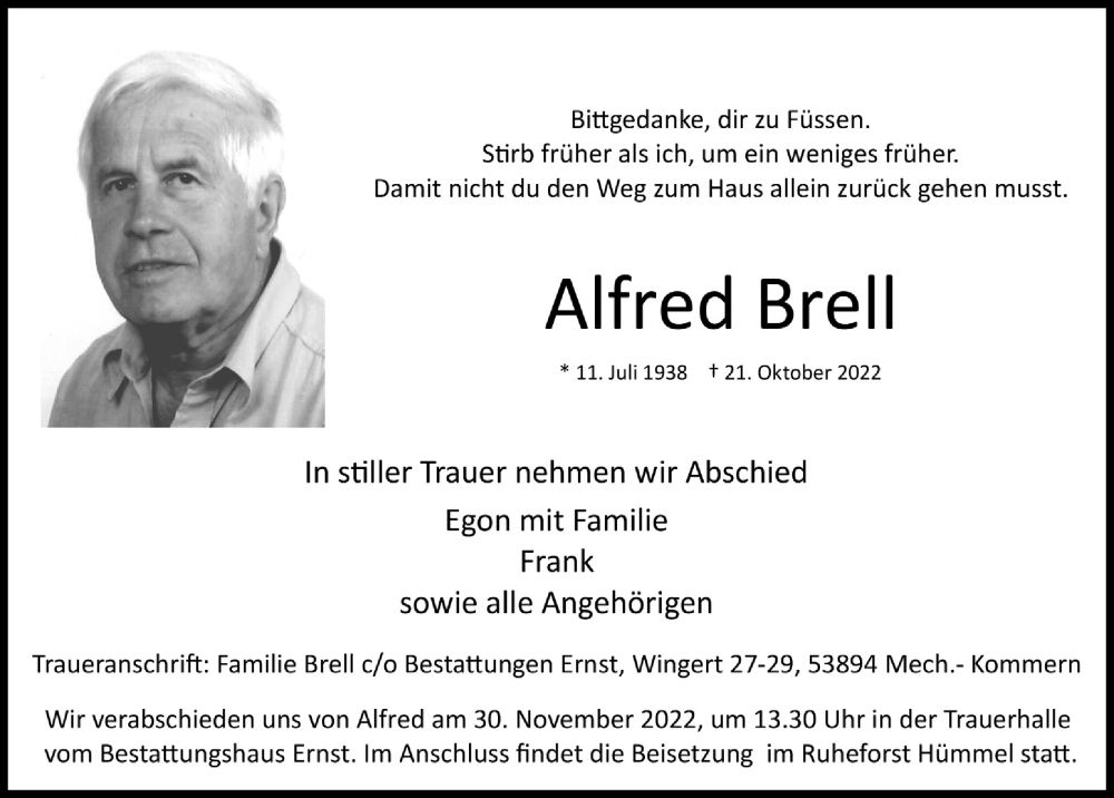  Traueranzeige für Alfred Brell vom 05.11.2022 aus  Blickpunkt Euskirchen 