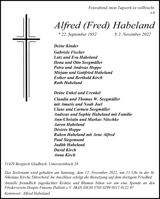 Anzeige von Alfred Habeland von Kölner Stadt-Anzeiger / Kölnische Rundschau / Express