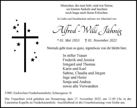 Anzeige von Alfred-Willi Jähnig von  Blickpunkt Euskirchen 