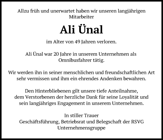 Anzeige von Ali Ünal von Kölner Stadt-Anzeiger / Kölnische Rundschau / Express