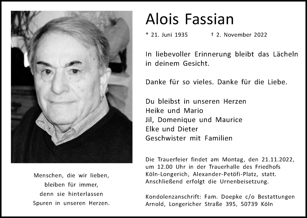  Traueranzeige für Alois Fassian vom 12.11.2022 aus Kölner Stadt-Anzeiger / Kölnische Rundschau / Express