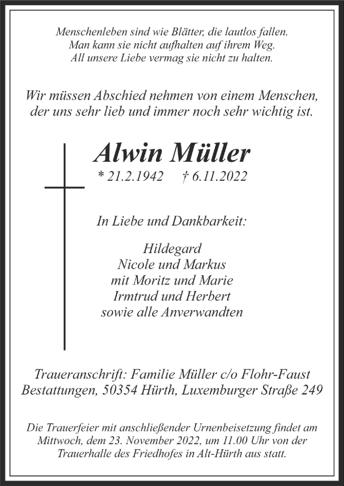  Traueranzeige für Alwin Müller vom 18.11.2022 aus  Wochenende 