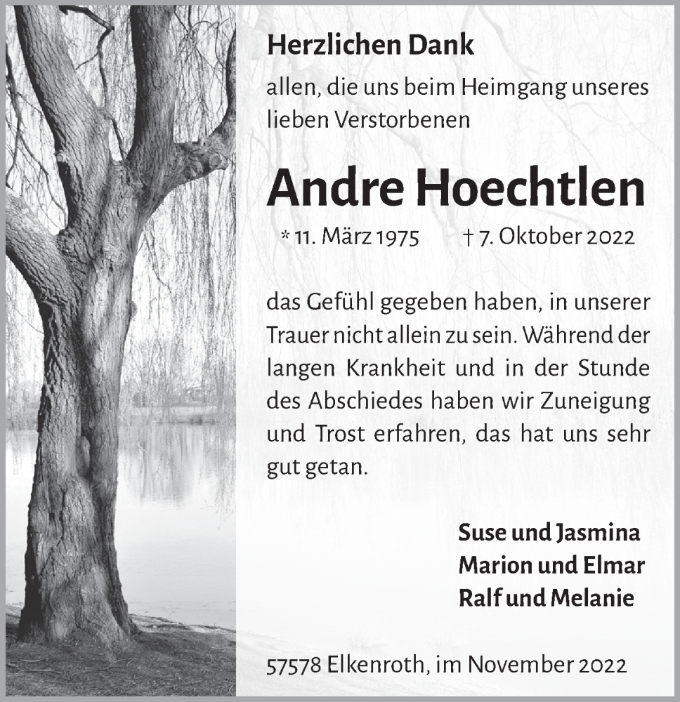  Traueranzeige für Andre Hoechtlen vom 25.11.2022 aus  Extra Blatt 