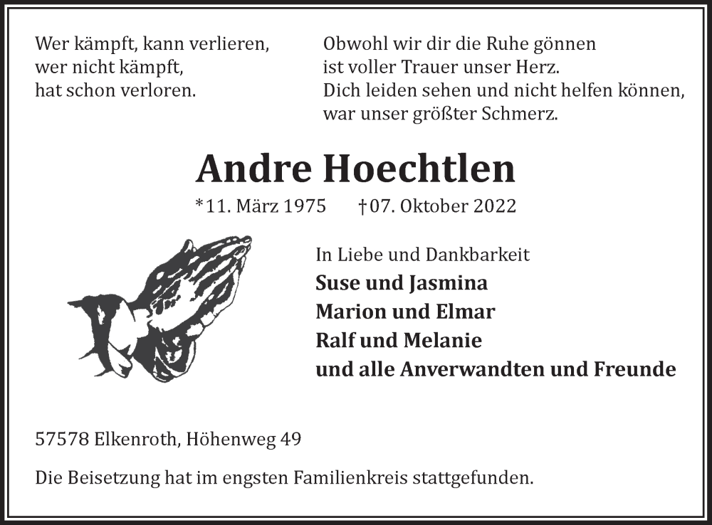  Traueranzeige für Andre Hoechtlen vom 04.11.2022 aus  Extra Blatt 