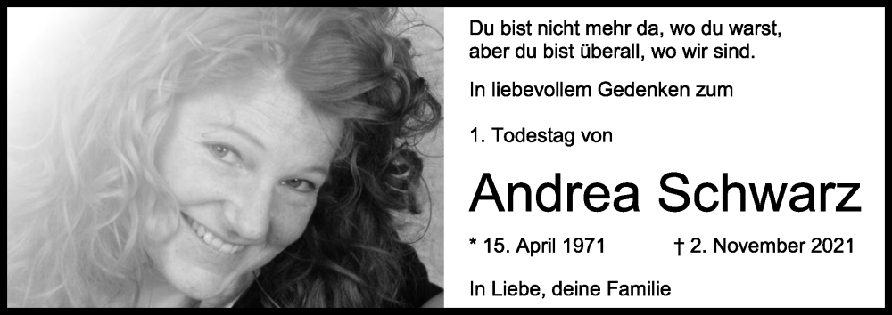  Traueranzeige für Andrea Schwarz vom 05.11.2022 aus Kölner Stadt-Anzeiger / Kölnische Rundschau / Express