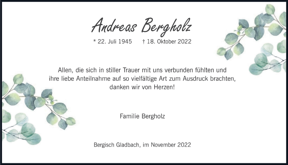  Traueranzeige für Andreas Bergholz vom 18.11.2022 aus  Bergisches Handelsblatt 