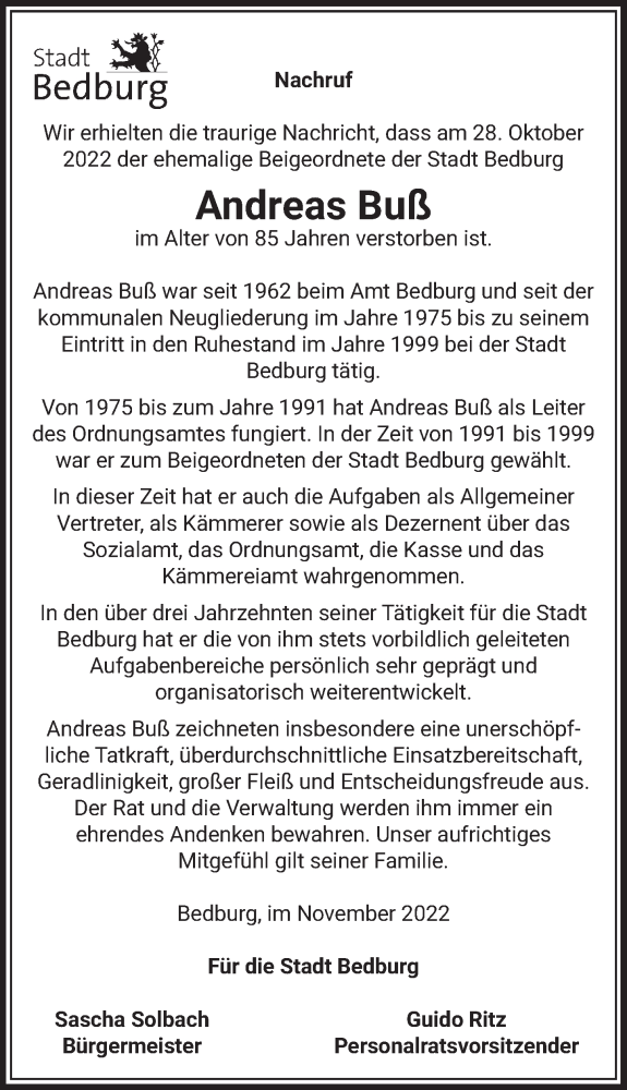  Traueranzeige für Andreas Buß vom 25.11.2022 aus  Werbepost 
