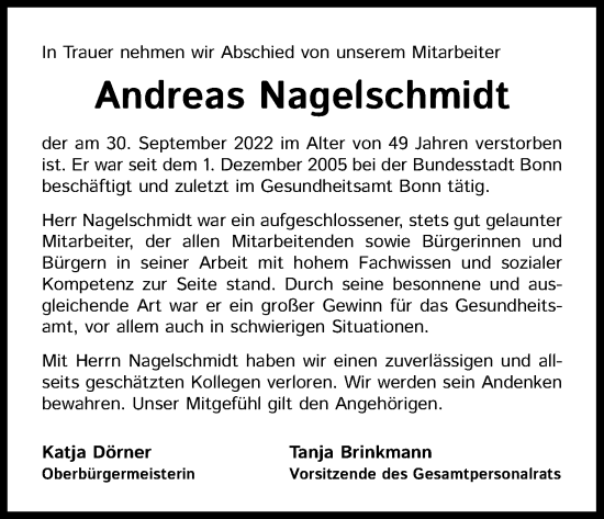 Anzeige von Andreas Nagelschmidt von Kölner Stadt-Anzeiger / Kölnische Rundschau / Express