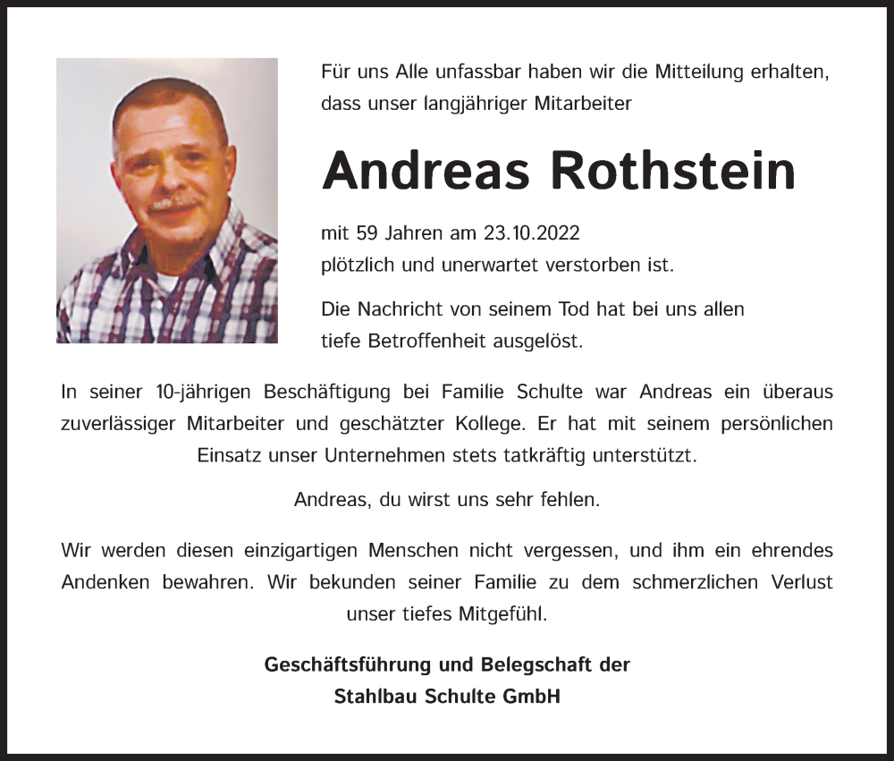  Traueranzeige für Andreas Rothstein vom 04.11.2022 aus Kölner Stadt-Anzeiger / Kölnische Rundschau / Express