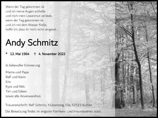 Anzeige von Andy Schmitz von Kölner Stadt-Anzeiger / Kölnische Rundschau / Express