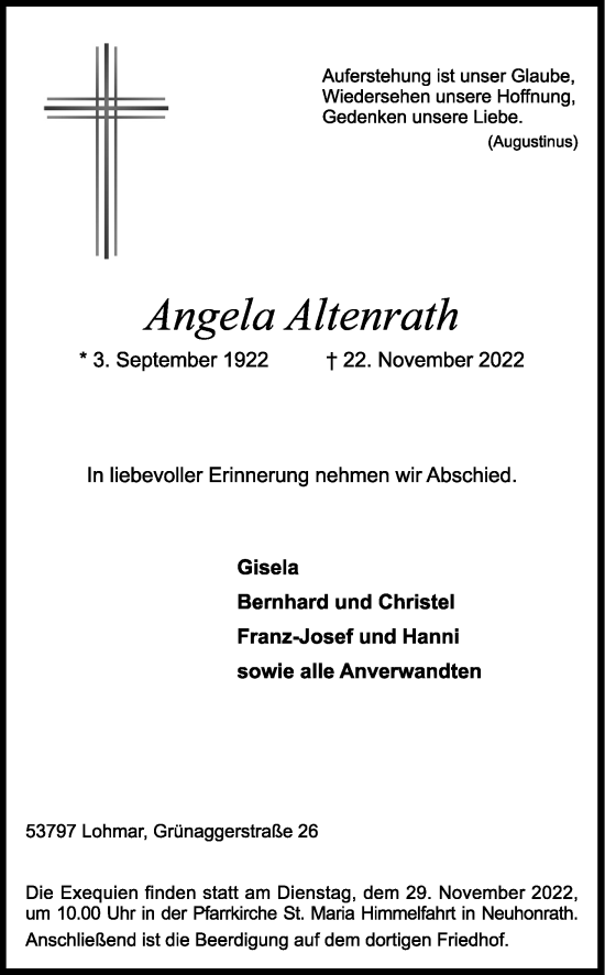 Anzeige von Angela Altenrath von Kölner Stadt-Anzeiger / Kölnische Rundschau / Express