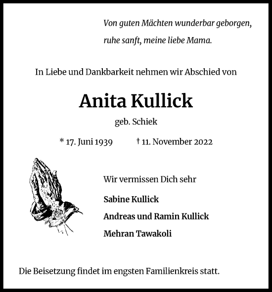 Anzeige von Anita Kullick von Kölner Stadt-Anzeiger / Kölnische Rundschau / Express