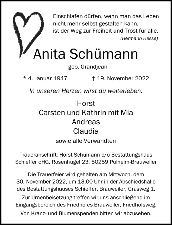 Anzeige von Anita Schümann von  Wochenende 