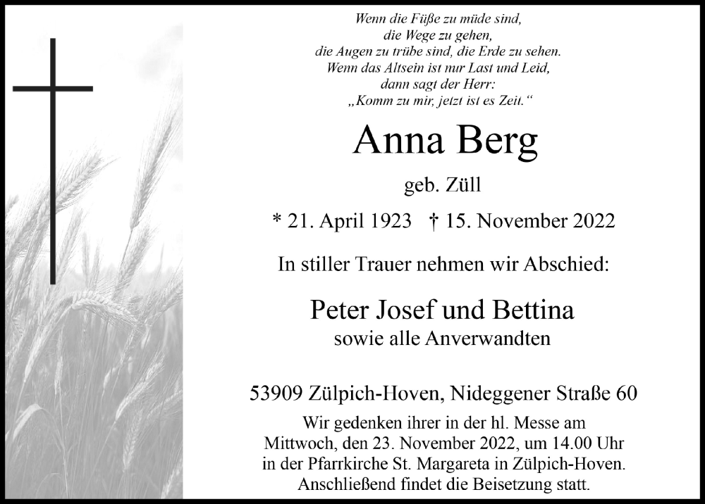  Traueranzeige für Anna Berg vom 19.11.2022 aus  Blickpunkt Euskirchen 