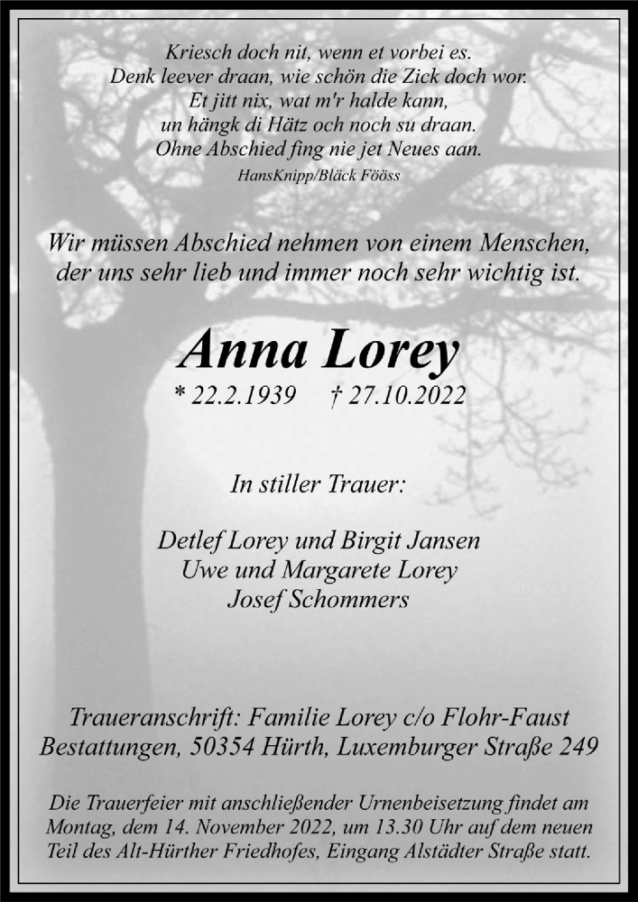  Traueranzeige für Anna Lorey vom 11.11.2022 aus  Wochenende 