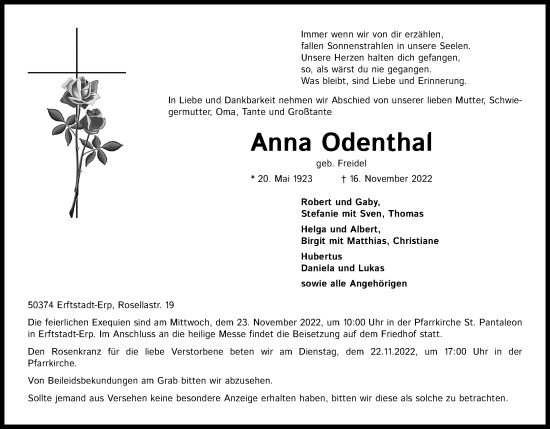 Anzeige von Anna Odenthal von Kölner Stadt-Anzeiger / Kölnische Rundschau / Express