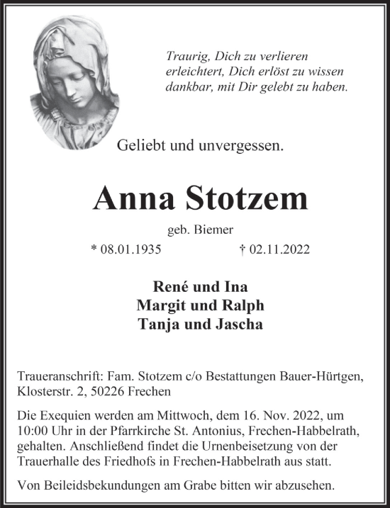 Anzeige von Anna Stotzem von  Wochenende 