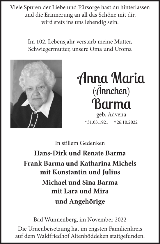 Anzeige von Anna Maria Barma von  Schlossbote/Werbekurier 